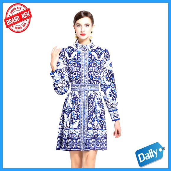 Dresses & Skirts - Floral Print Button Up Long Sleeve Mini Dress with Belt Casual A-Line Chic